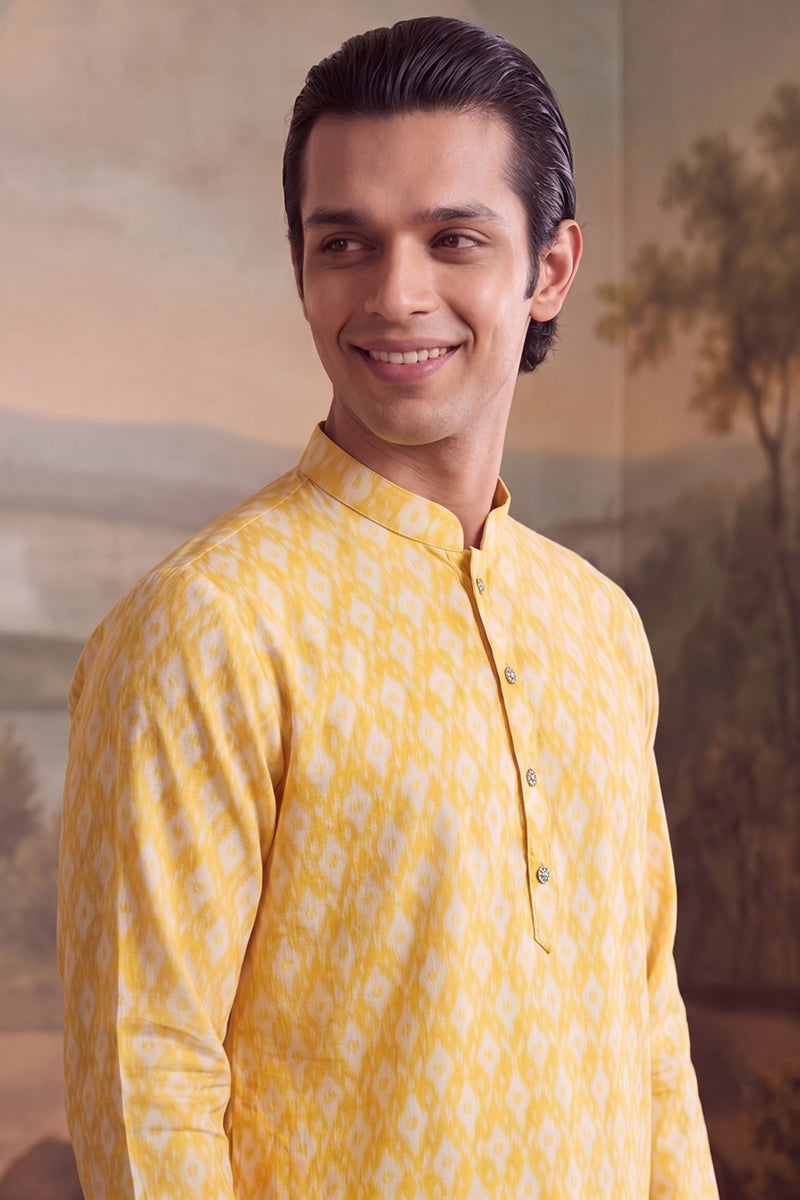 Yellow Linen Ikkat Print Regular Kurta MKU2429