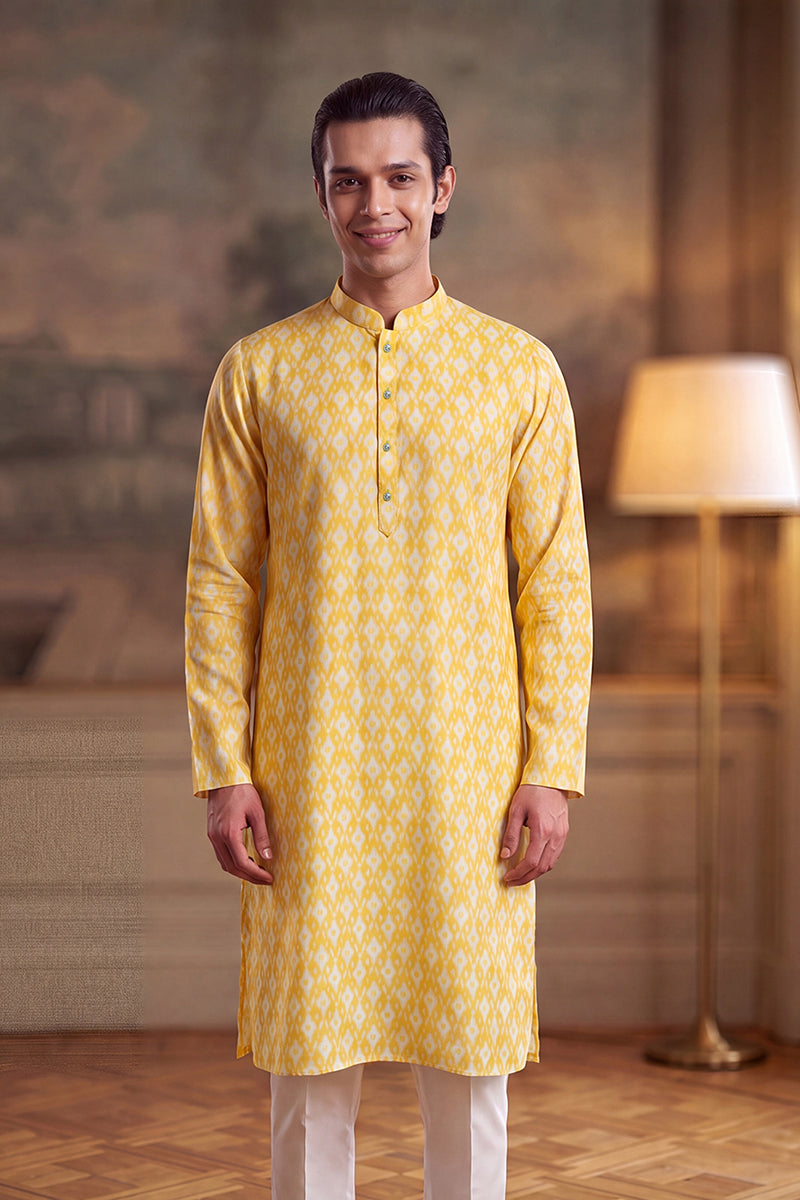 Yellow Linen Ikkat Print Regular Kurta With Trouser MKSET2429