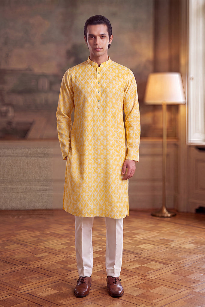 Yellow Linen Ikkat Print Regular Kurta MKU2429