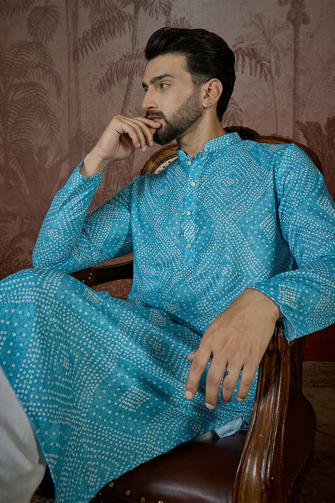 Blue Linen Bandhani Print Regular Kurta With Trouser MKSET2430