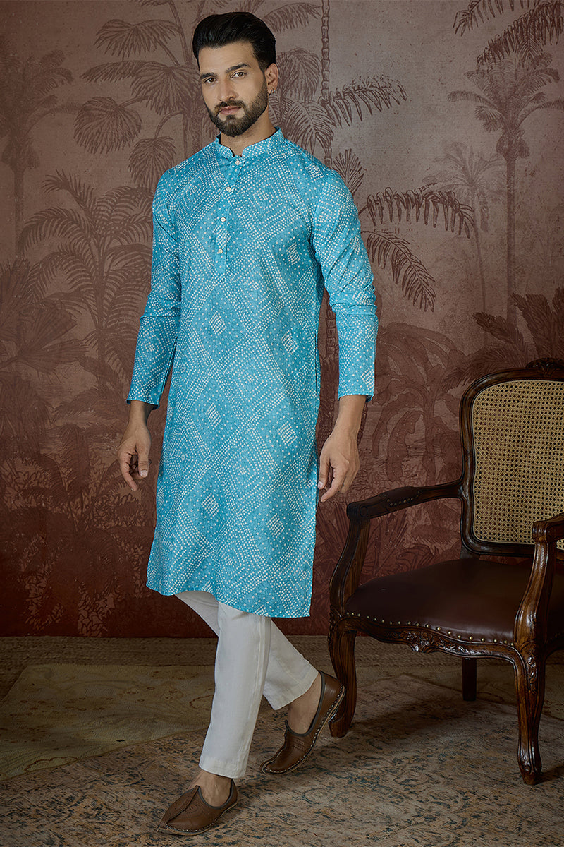Blue Linen Bandhani Print Regular Kurta With Trouser MKSET2430