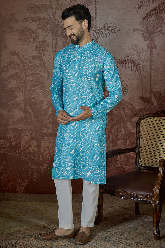 Blue Linen Bandhani Print Regular Kurta MKU2430