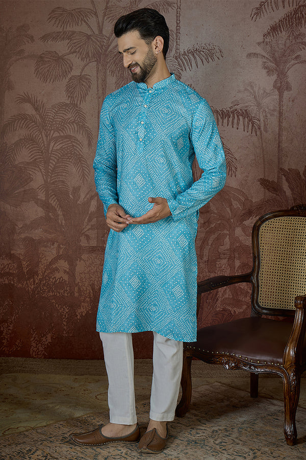 Blue Linen Bandhani Print Regular Kurta With Trouser MKSET2430