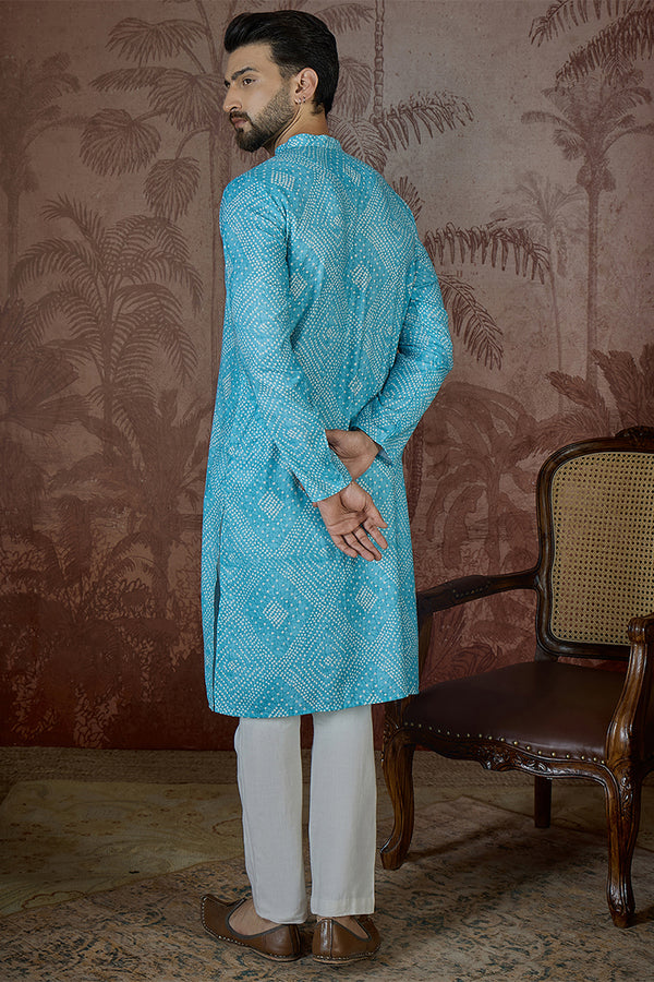 Blue Linen Bandhani Print Regular Kurta MKU2430