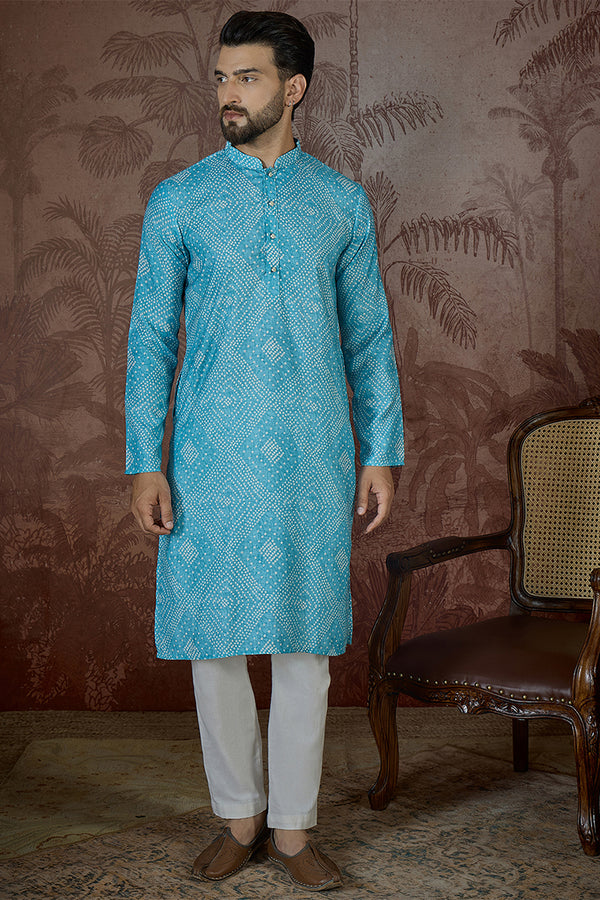 Blue Linen Bandhani Print Regular Kurta MKU2430