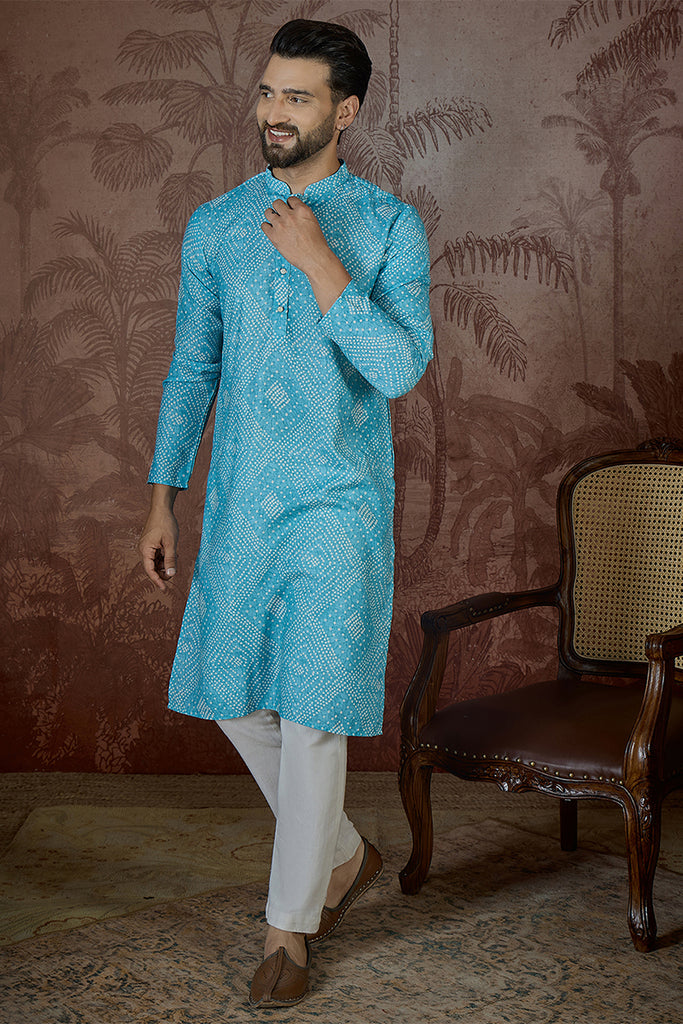 Blue Linen Bandhani Print Regular Kurta MKU2430