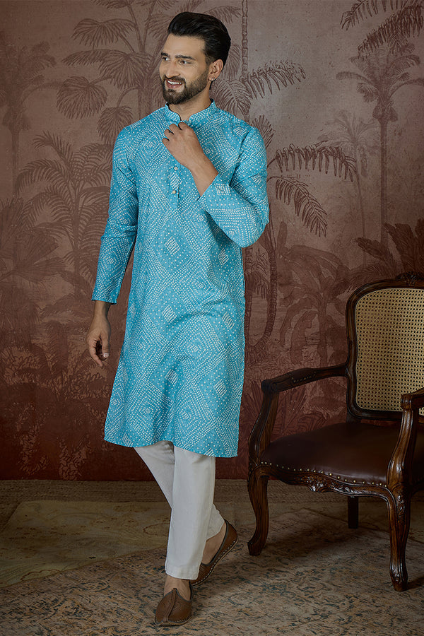 Blue Linen Bandhani Print Regular Kurta With Trouser MKSET2430