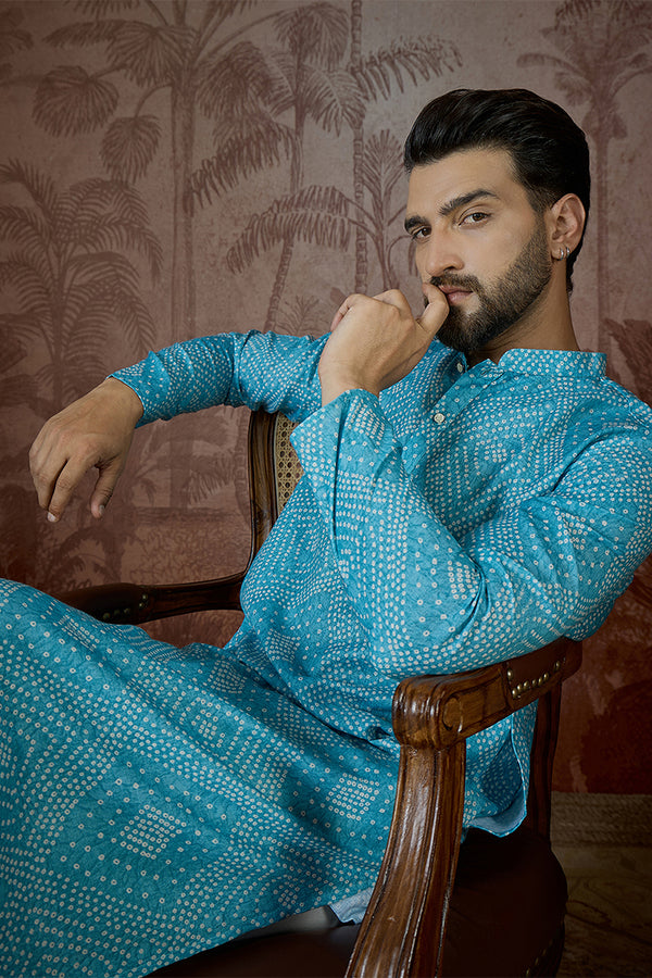 Blue Linen Bandhani Print Regular Kurta With Trouser MKSET2430