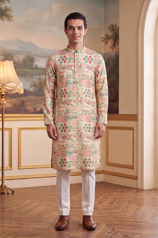 Cream Linen Geometric Print Regular Kurta With Trouser MKSET2431