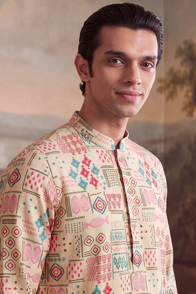 Cream Linen Geometric Print Regular Kurta MKU2431