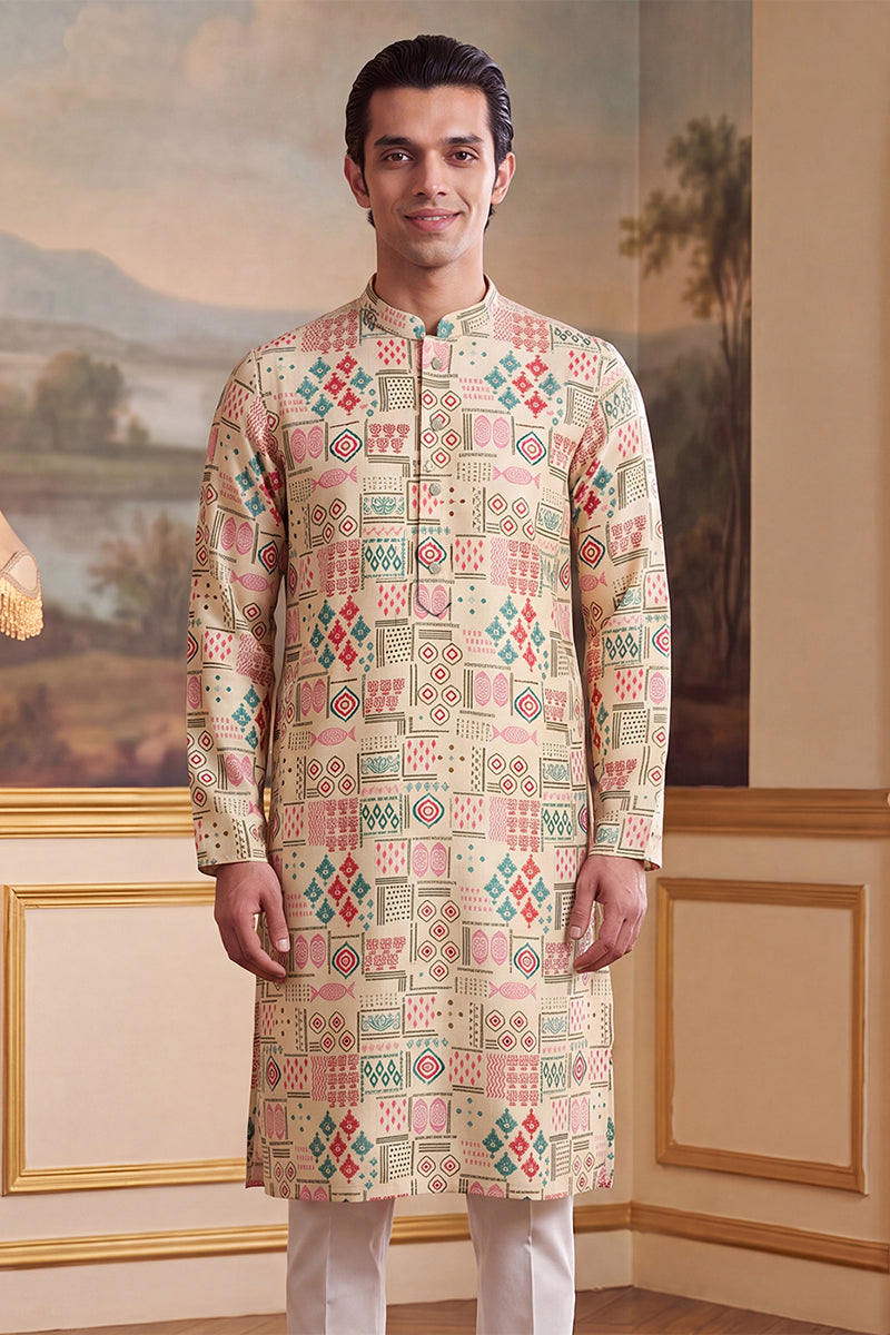 Cream Linen Geometric Print Regular Kurta MKU2431