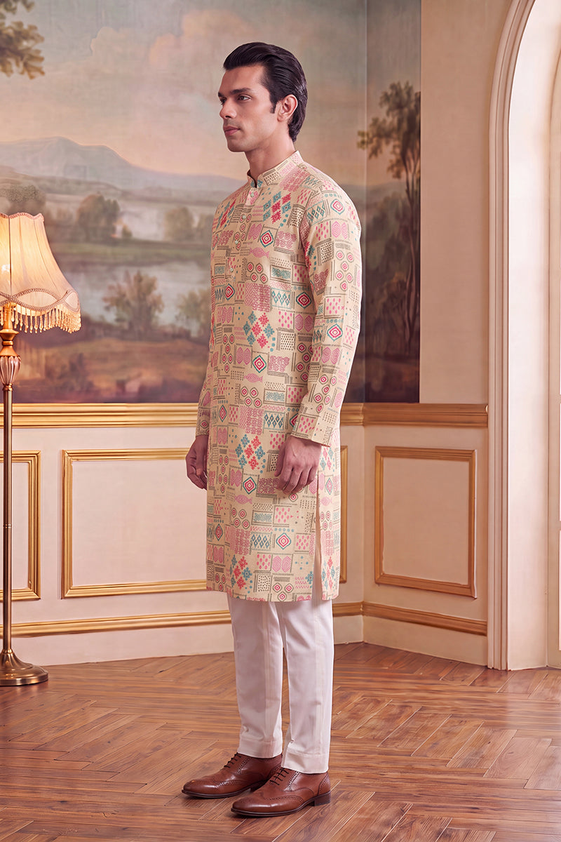 Cream Linen Geometric Print Regular Kurta With Trouser MKSET2431