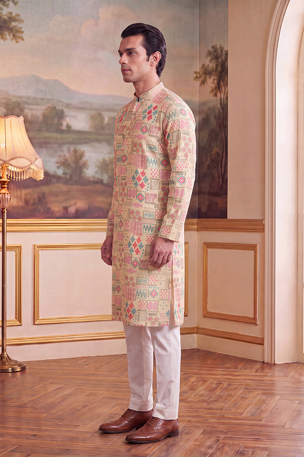 Cream Linen Geometric Print Regular Kurta With Trouser MKSET2431