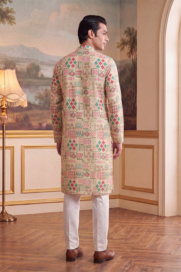 Cream Linen Geometric Print Regular Kurta MKU2431