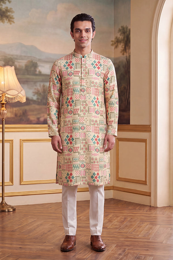 Cream Linen Geometric Print Regular Kurta MKU2431