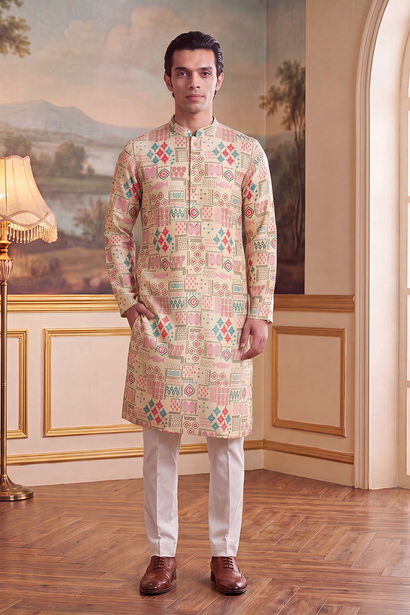Cream Linen Geometric Print Regular Kurta MKU2431