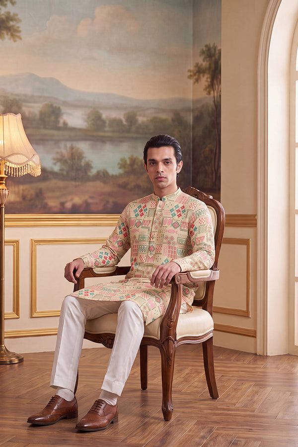 Cream Linen Geometric Print Regular Kurta MKU2431