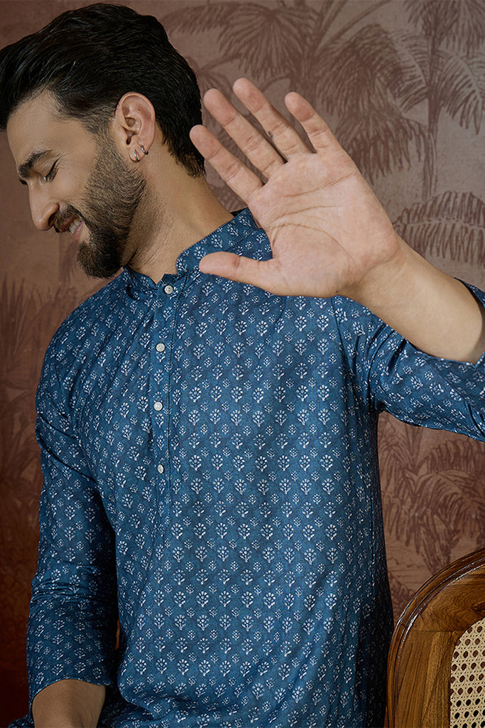 Blue Linen Floral Print Regular Kurta With Trouser MKSET2433