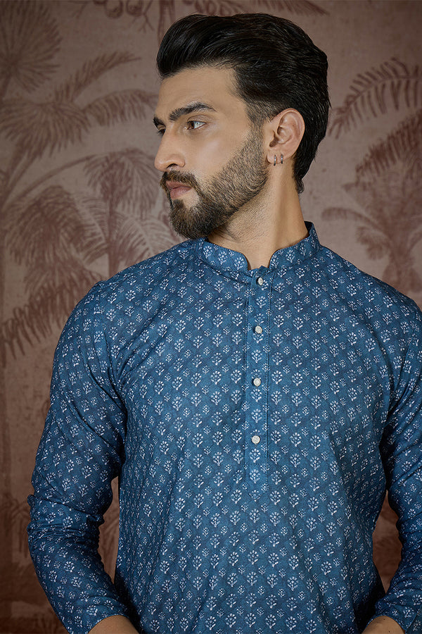 Blue Linen Floral Print Regular Kurta With Trouser MKSET2433