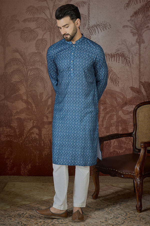 Blue Linen Floral Print Regular Kurta MKU2433