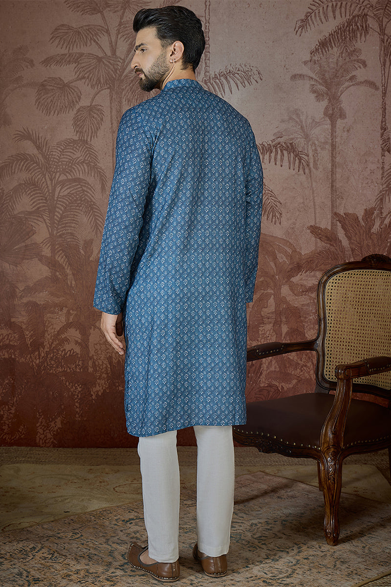 Blue Linen Floral Print Regular Kurta MKU2433
