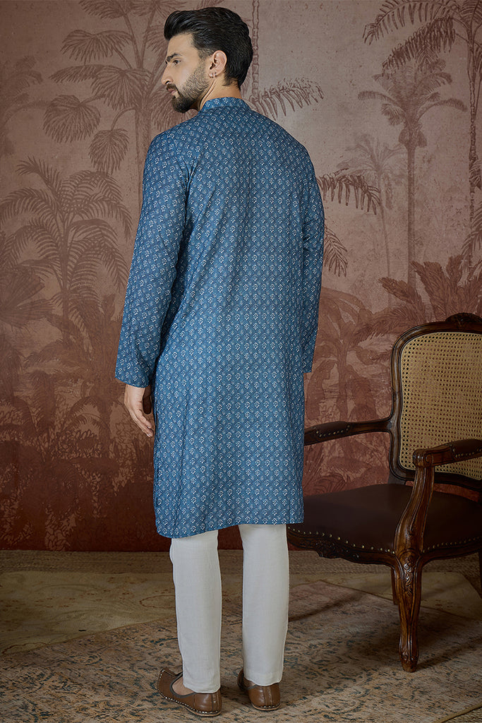 Blue Linen Floral Print Regular Kurta MKU2433