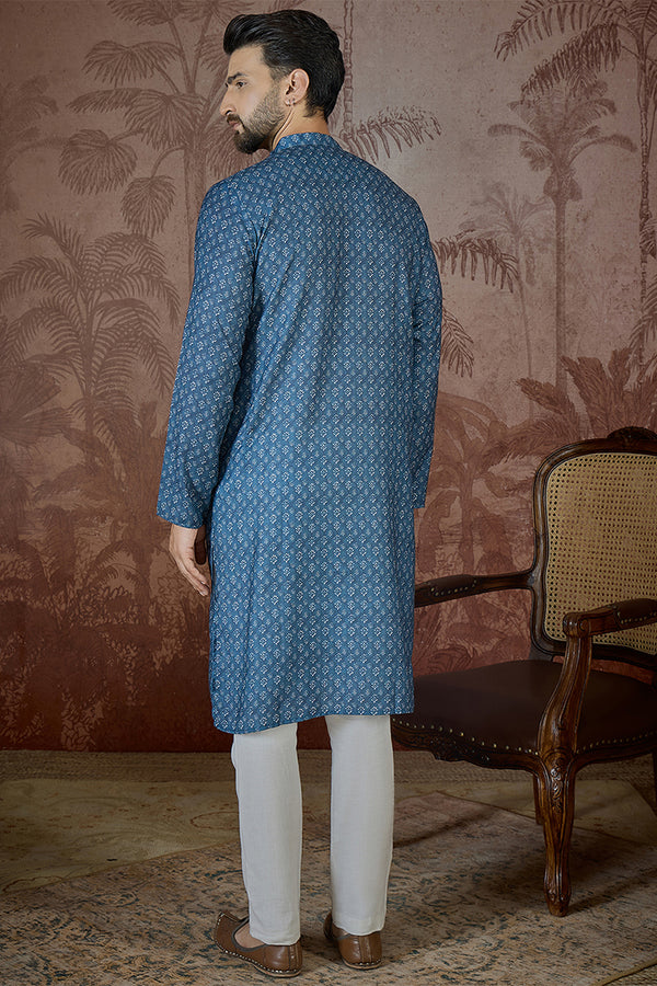 Blue Linen Floral Print Regular Kurta With Trouser MKSET2433