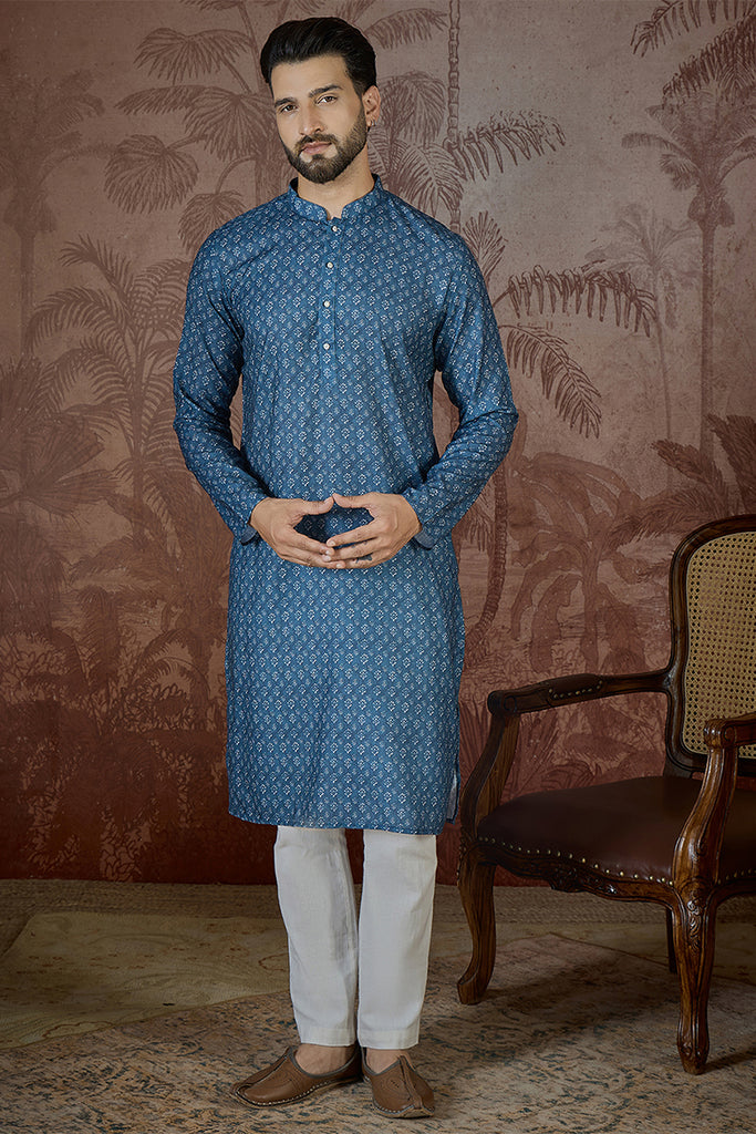 Blue Linen Floral Print Regular Kurta With Trouser MKSET2433