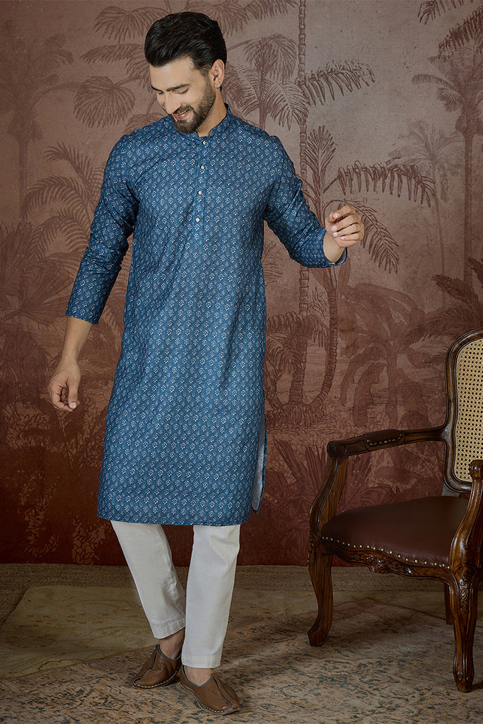 Blue Linen Floral Print Regular Kurta With Trouser MKSET2433
