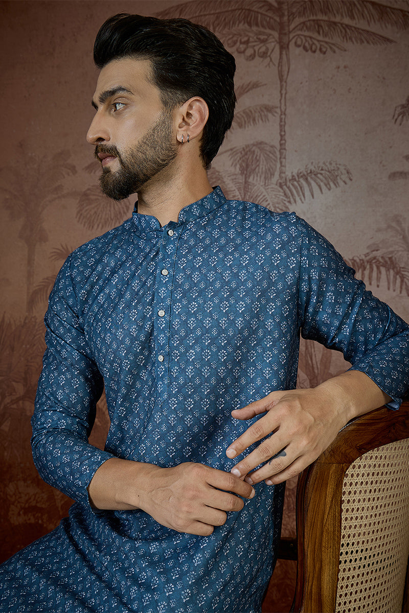 Blue Linen Floral Print Regular Kurta With Trouser MKSET2433