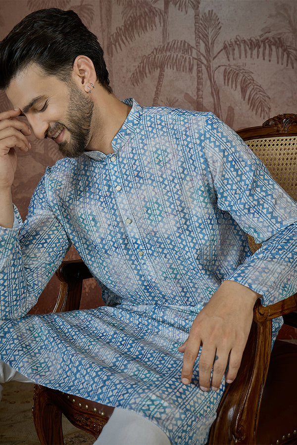 Blue Linen Ethnic Motifs Printed Regular Kurta With Trouser MKSET2434
