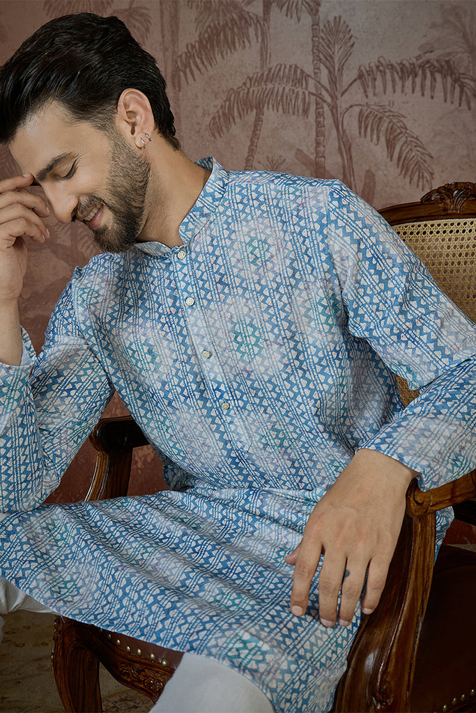 Blue Linen Ethnic Motifs Printed Regular Kurta MKU2434