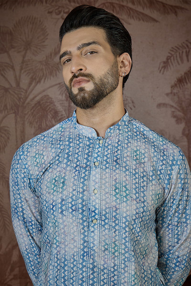 Blue Linen Ethnic Motifs Printed Regular Kurta With Trouser MKSET2434