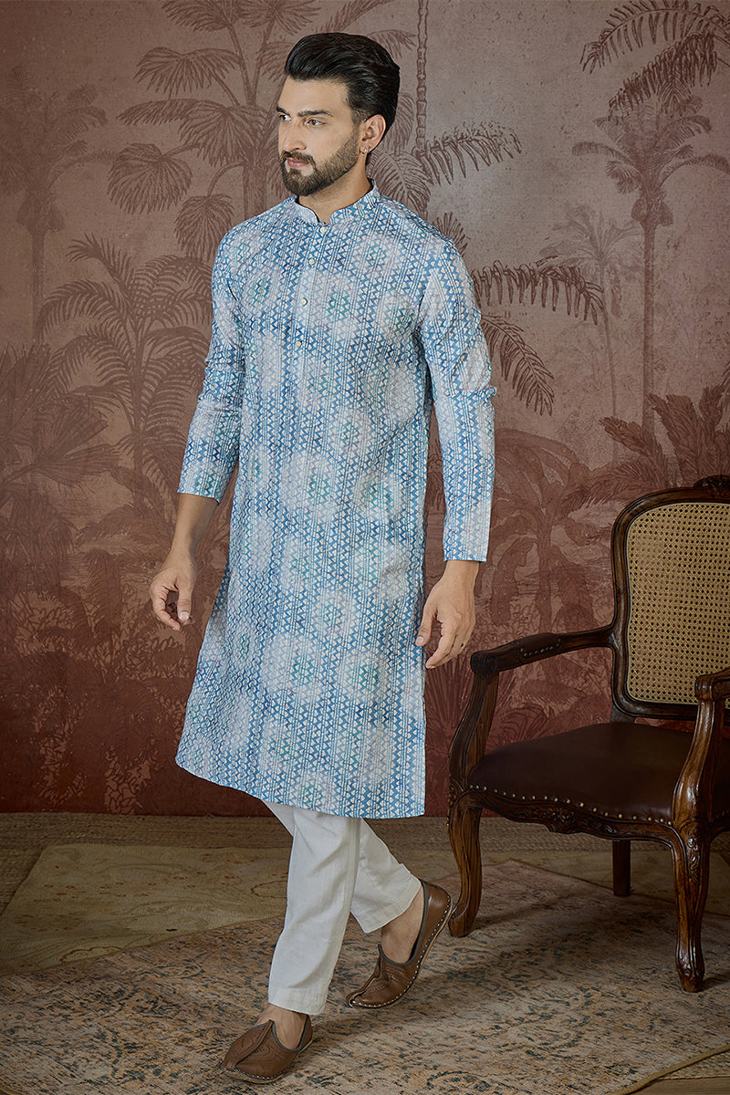 Blue Linen Ethnic Motifs Printed Regular Kurta MKU2434