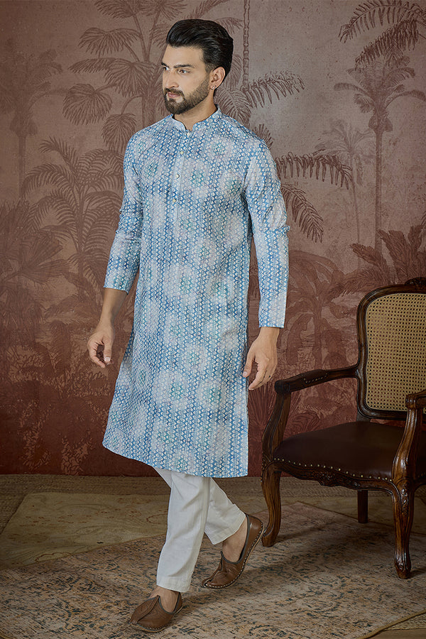 Blue Linen Ethnic Motifs Printed Regular Kurta With Trouser MKSET2434