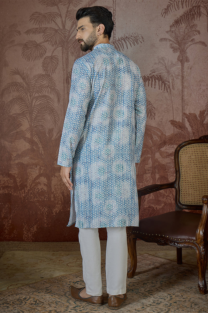 Blue Linen Ethnic Motifs Printed Regular Kurta With Trouser MKSET2434