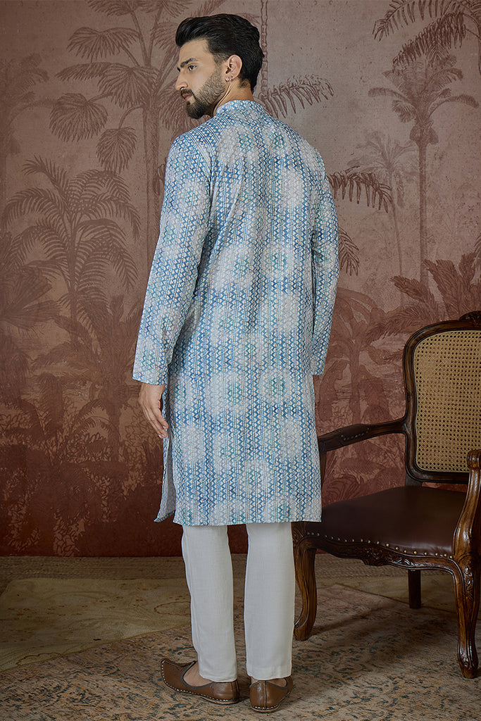 Blue Linen Ethnic Motifs Printed Regular Kurta With Trouser MKSET2434