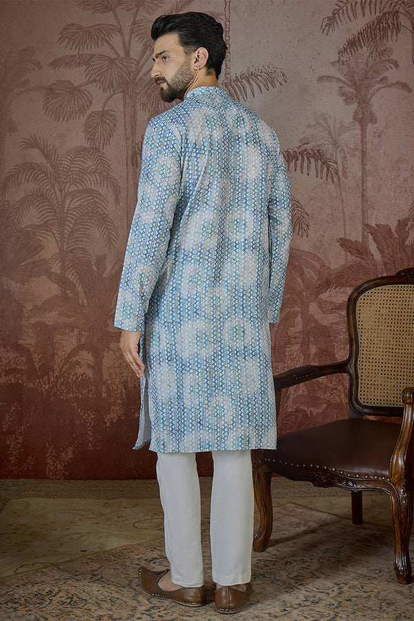 Blue Linen Ethnic Motifs Printed Regular Kurta With Trouser MKSET2434