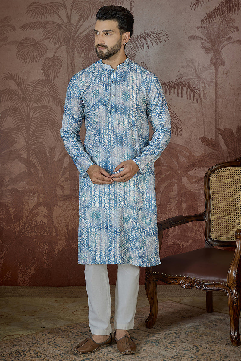 Blue Linen Ethnic Motifs Printed Regular Kurta With Trouser MKSET2434