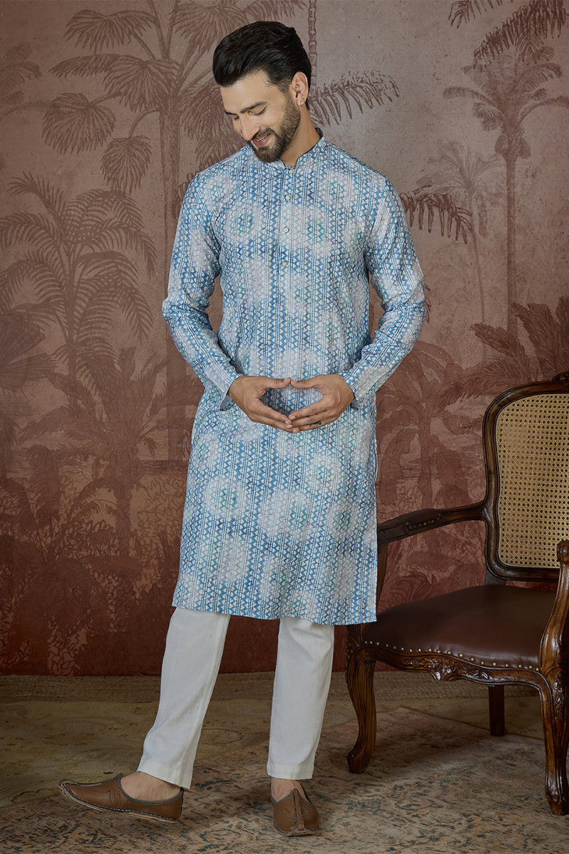 Blue Linen Ethnic Motifs Printed Regular Kurta MKU2434