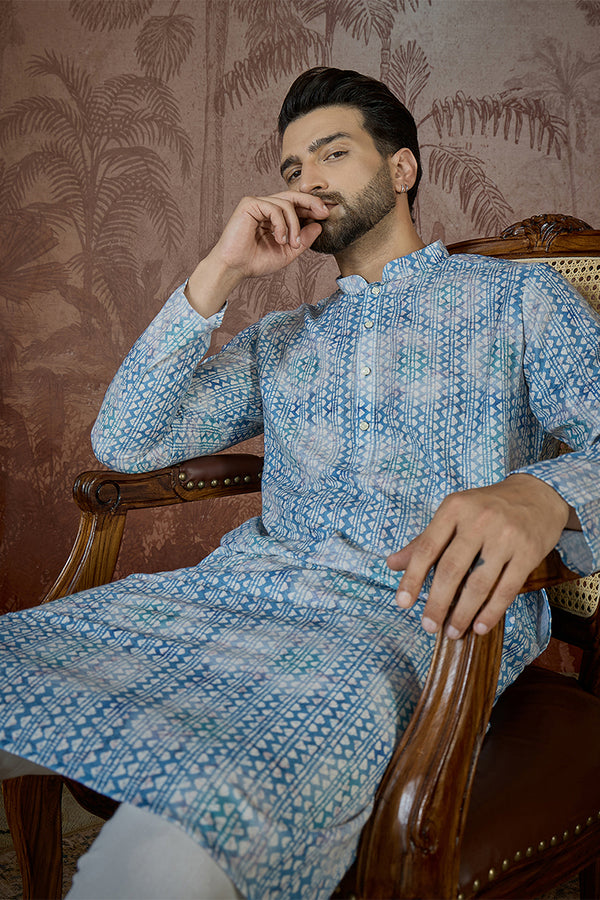 Blue Linen Ethnic Motifs Printed Regular Kurta MKU2434