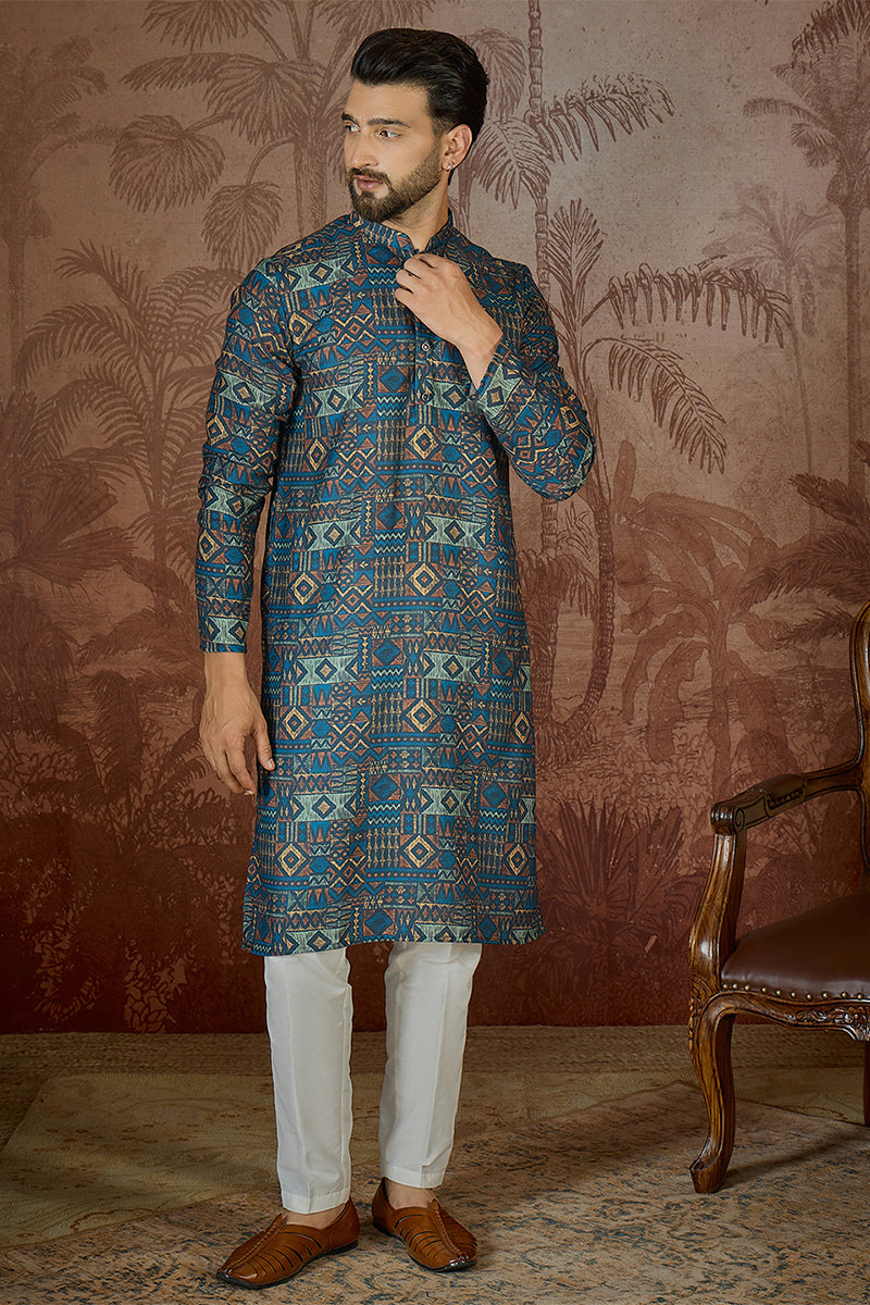 Multi Linen Geometric Printed Kurta With Trouser MKSET2435