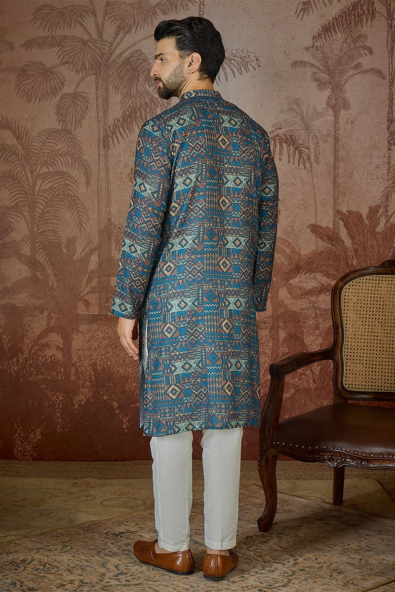 Multi Linen Geometric Printed Kurta With Trouser MKSET2435