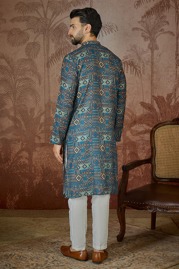 Multi Linen Geometric Printed Kurta With Trouser MKSET2435