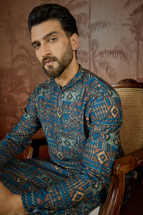 Multi Linen Geometric Printed Kurta With Trouser MKSET2435