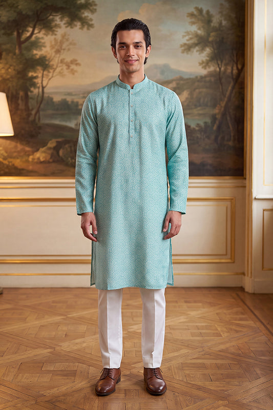 Blue Linen Bandhani Printed Regular Kurta MKU2436