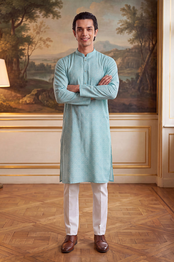 Blue Linen Bandhani Printed Regular Kurta MKU2436