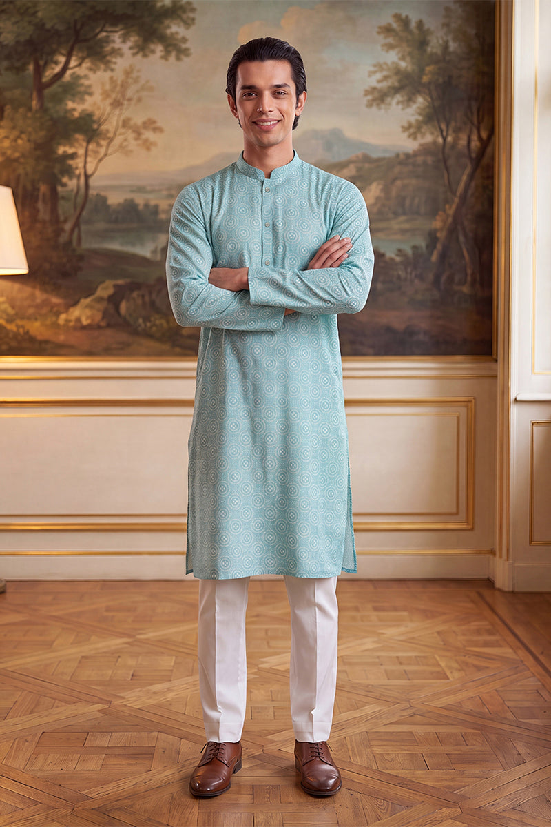 Blue Linen Bandhani Printed Regular Kurta With Trouser MKSET2436