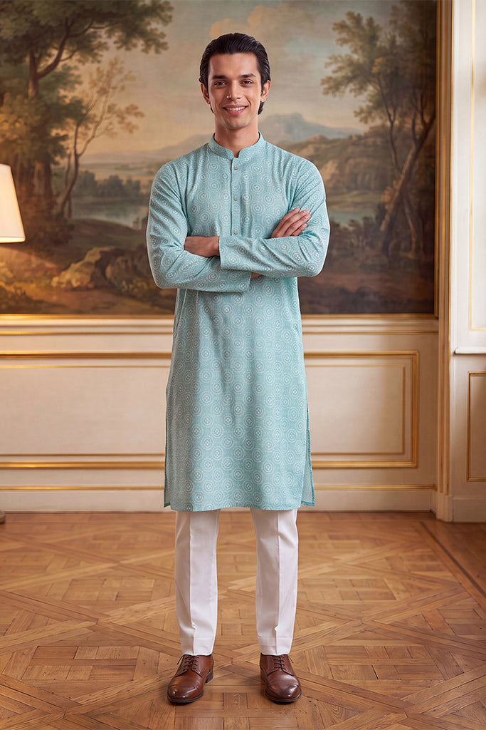 Blue Linen Bandhani Printed Regular Kurta With Trouser MKSET2436