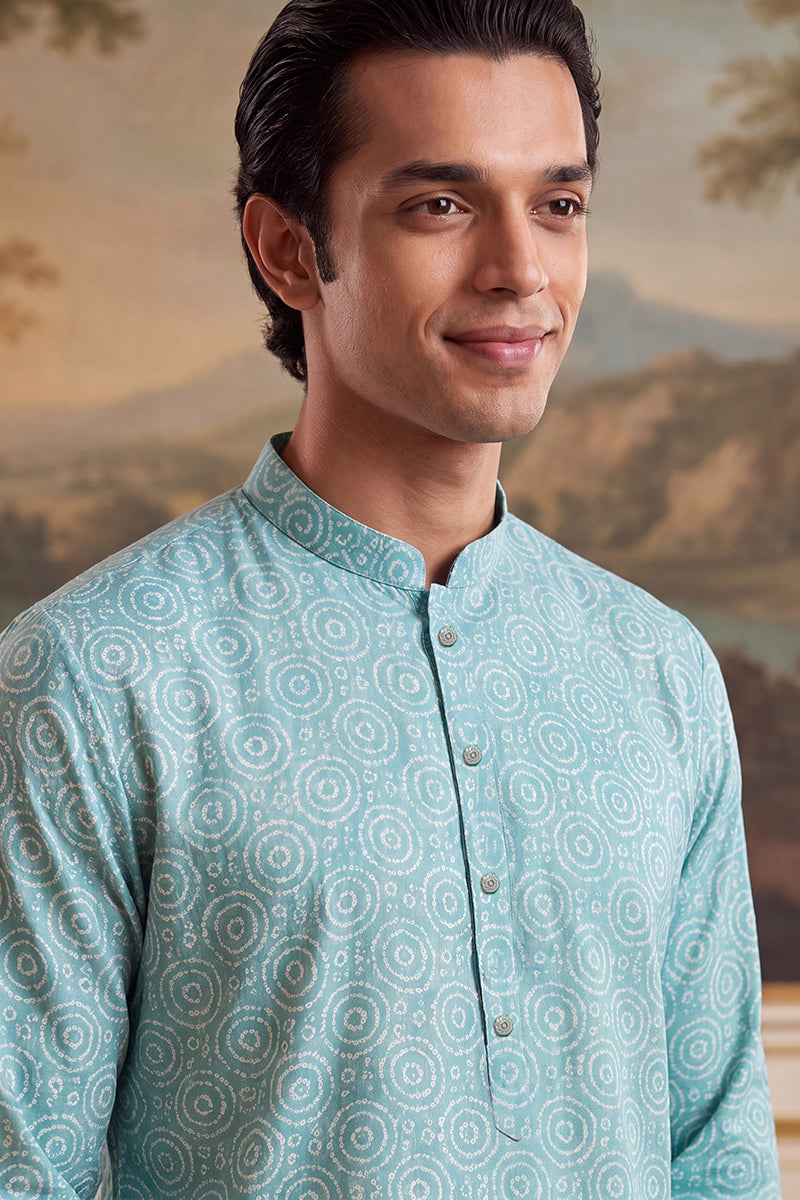 Blue Linen Bandhani Printed Regular Kurta MKU2436